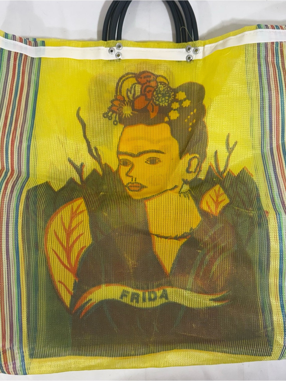 Yellow Frida Kahlo Print Mesh Tote Bag